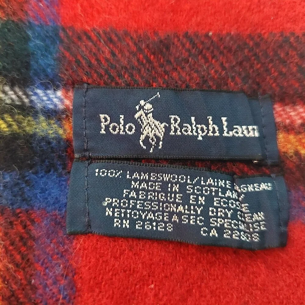 POLO Ralph Lauren 80s Vintage Red Blue Plaid Scarf Embroidered Polo Logo Scarves